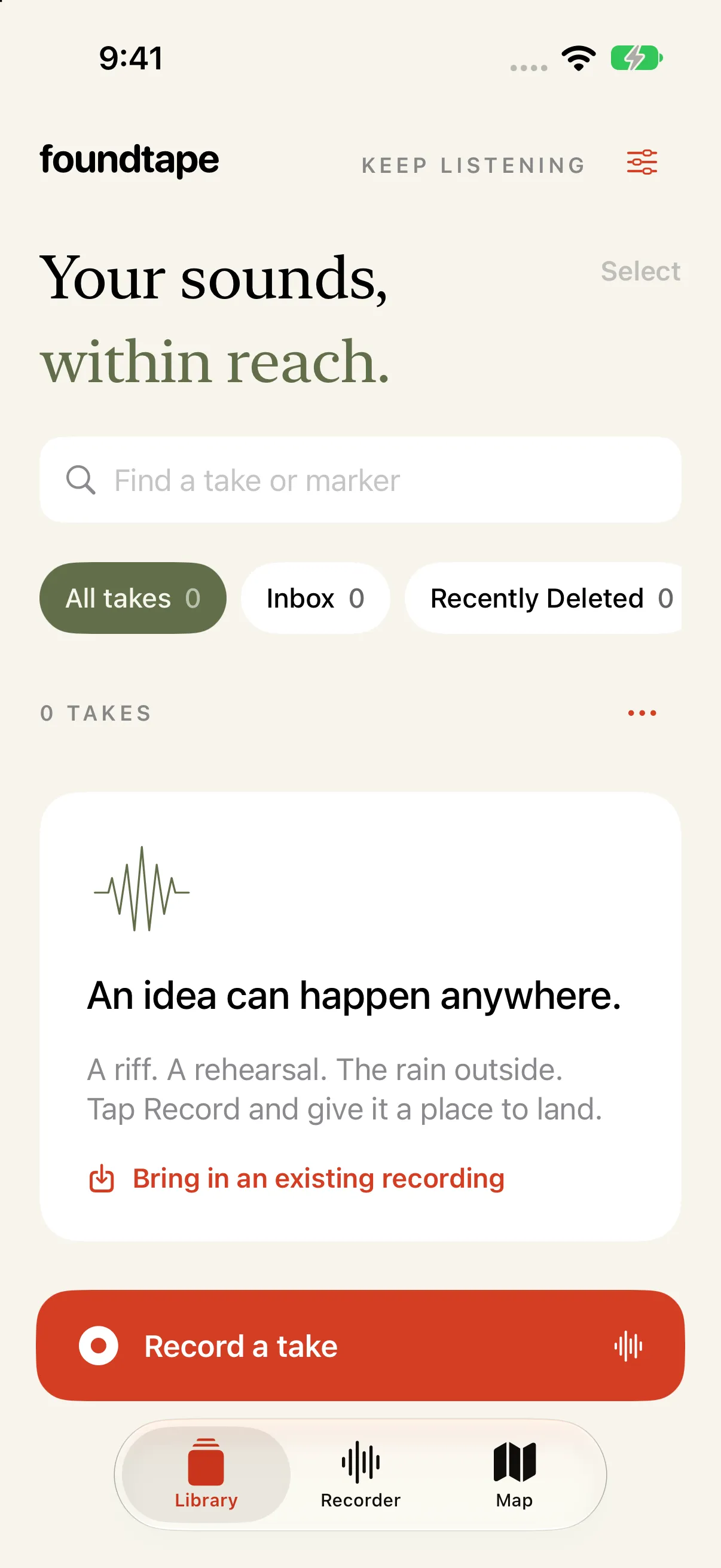Development capture of foundtape’s empty library, with search, collection filters, and the Record a take button.